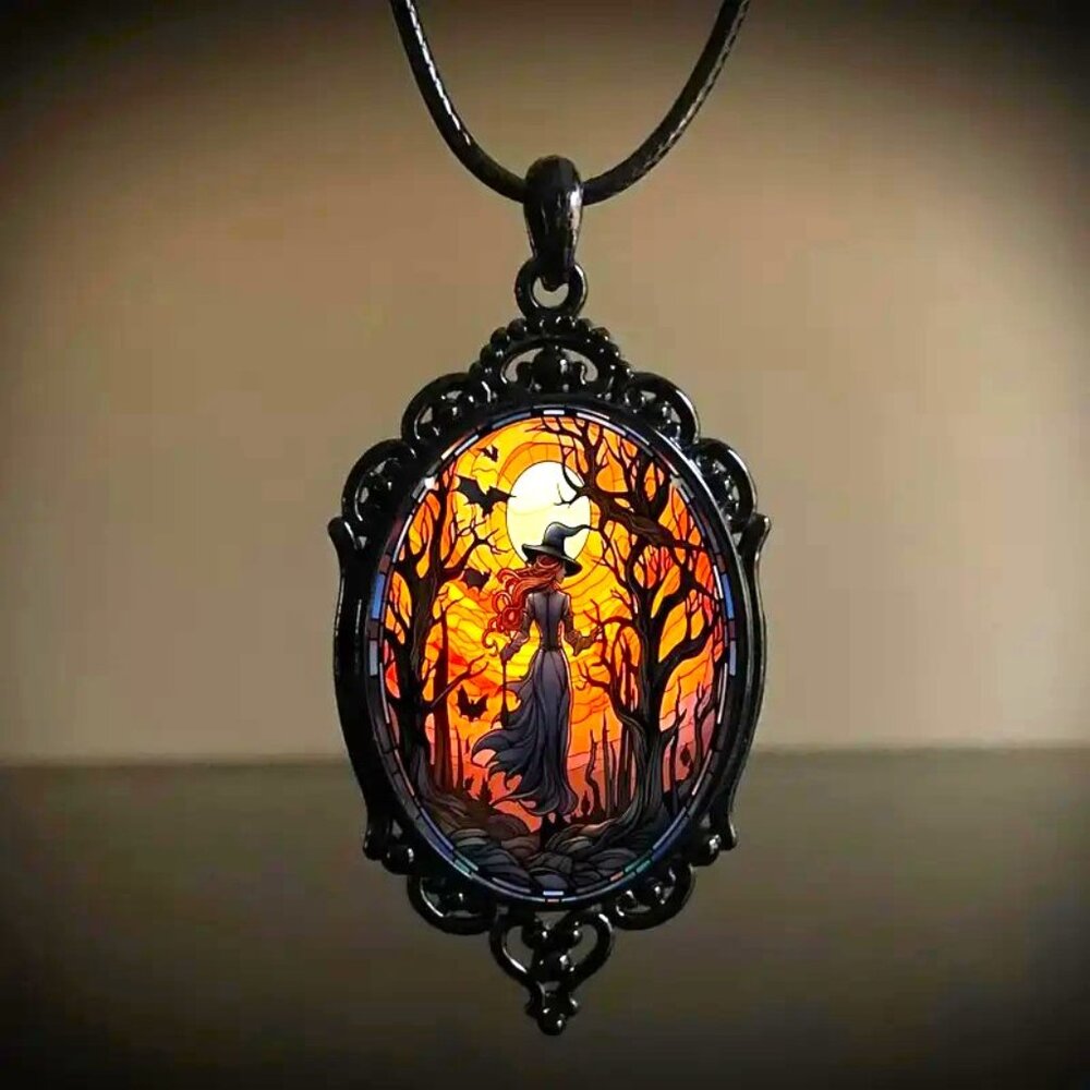 Necklace 3D Witch Bat Black Pendant Dome Beveled PU Leather Gothic Rave Emo NEW
